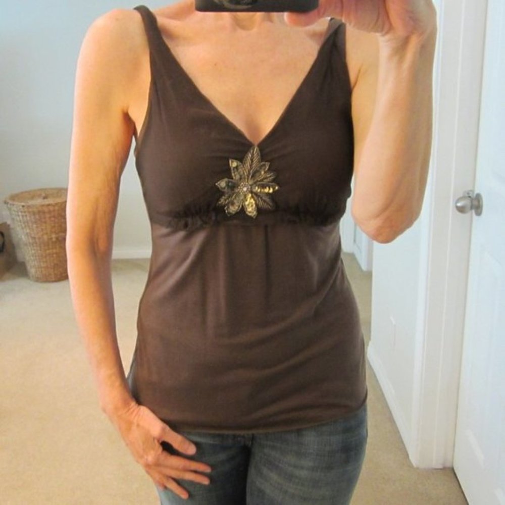 Velvet Brand Brown Top w/ Beaded & Sequin Flower